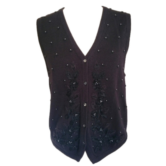 Vintage Gina Peters Floral Embroidered Beaded Knit Vest Black Size Medium - Picture 1 of 9